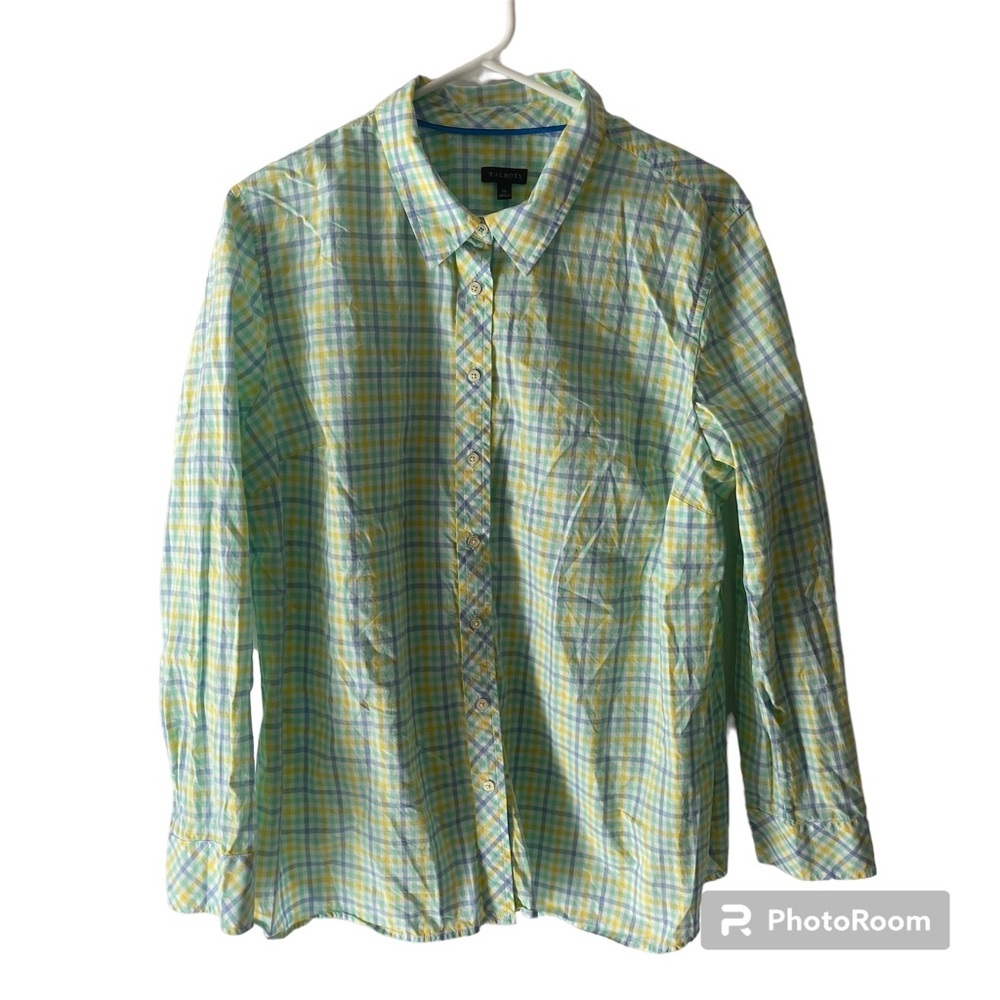 NWOT Talbots shirt yellow blue green 100% Cotton SZ XL